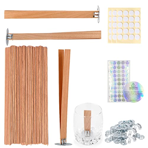 Ziosxin 100pcs Smokeless Cherry Wood Candle Wicks, Long Lasting Flame, Easily Burn, Natural Candle Cores with Stand and Glue Dot, Warning Label for Ziosxin