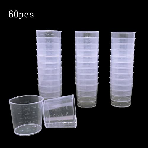 60 Pcs Plastic Graduated Cups, 30ml/1oz Clear Scale Cups with 50 Pcs Wooden Stirring Sticks for Epoxy, Resin, Stain, Mixing Paint MYYZMY