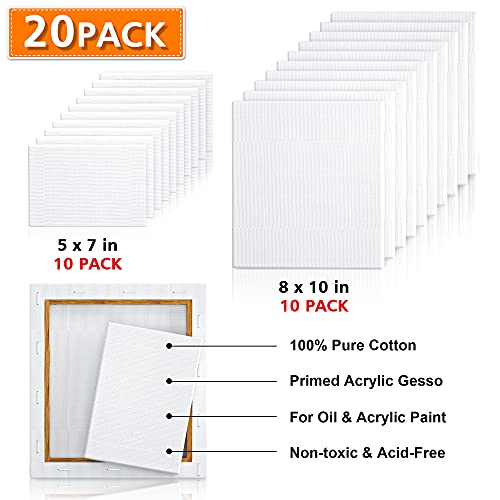 Shuttle Art Stretched Canvas, 20 PCS Value Pack, 5 x 7, 8 x 10 Inches (10 of Each), 100% Cotton, Primed White Canvases for Painting, Stretched Canvas Shuttle Art