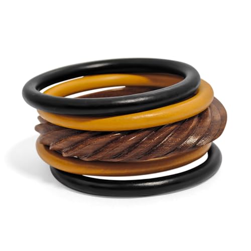 Pure Hands Aurora Enchanté Bangle Ensemble: Handcrafted Sisso Wood and Exotic Teak & Ebonised Wood Bangle Set of 5 from Boscage Artsy- Elegant, Pure Hands