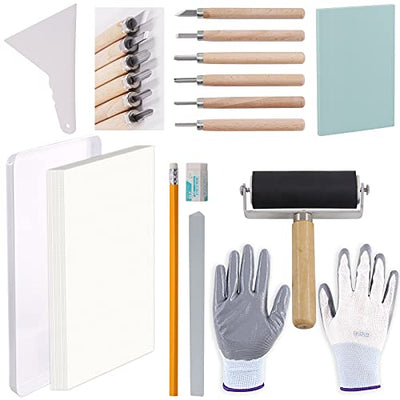 Rustark 24 Pieces Block Printing Starter Tool Kit with Whetstone, Stamp Block, Carving Tools, Tracing Papers,Pencil, Gloves,Eraser and Scrapper,