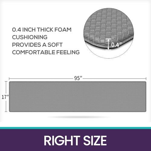 DEXI Kitchen Rug Anti Fatigue,Non Skid Cushioned Comfort Standing Kitchen Mat Waterproof and Oil Proof Floor Runner Mat, Easy to Clean, 17"x95", Grey DEXI
