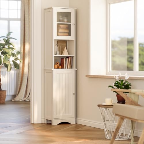 Gizoon 67.1" Tall Bathroom Storage Cabinet with Adjustable Shelves, Narrow Tall Linen Tower with Open Shelves, 2 Doors Freestanding Cabinet with Gizoon