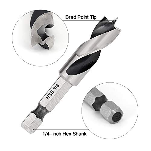 COMOWARE Brad Point Stubby Drill Bit Set for Wood, 6pcs HSS 4241 Steel with 1/4-Inch Quick Change Hex Shank COMOWARE