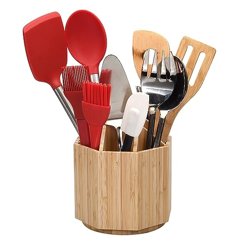 Bamboo Rotating Utensil Holder & Kitchen Organizer, Multiple Compartments, 8 Sections, store Forks, Serving Spoons, Knives, and other cooking tools MobileVision