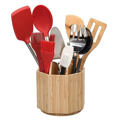 Bamboo Rotating Utensil Holder & Kitchen Organizer, Multiple Compartments, 8 Sections, store Forks, Serving Spoons, Knives, and other cooking tools