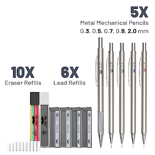 Mr. Pen- Metal Mechanical Pencil Set with Lead and Eraser Refills, 5 Sizes, 0.3, 0.5, 0.7, 0.9, 2mm, Drafting, Sketching, Architecture, Drawing Mr. Pen