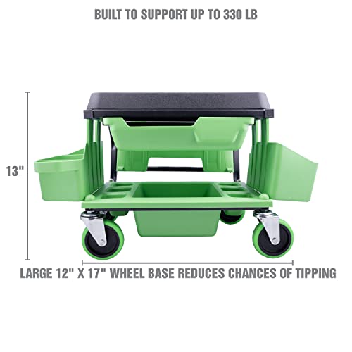 OEMTOOLS 24987 Sidekick Creeper Stool, Metal Shop Stools with Wheels, 5 Storage Seat Options, Cushioned Mechanics Stool with Wheels, Green Creeper OEMTOOLS