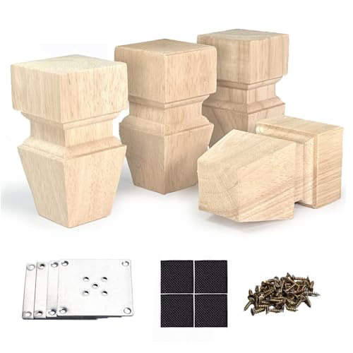 Aiminjey 4.72 Inch Wooden Furniture Legs with Mounting Plates Screws Set of 4 Solid Wood Unfinished Replacement Furniture Feet for Couch Cabinet Sofa Aiminjey