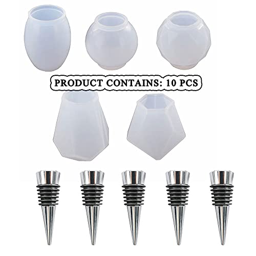 JOFAVIU 10 Pcs Resin Wine Bottle Stoppers Molds Set, Wine Stopper Silicone Molds for Epoxy Resin, Stopper Epoxy Resin Silicone Molds Set Kits (5 Jiofaviu