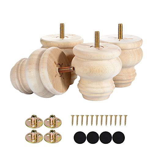 Michanco 3 Inch Unfinished Bun Feet Set of 4 Wood Furniture Legs Replacement Wooden Legs for Sofa Couch Cabinet Ottoman Michanco