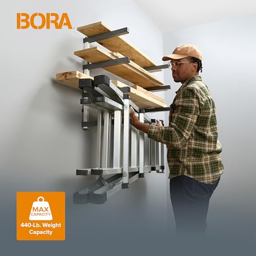 BORA Wood Organizer and Lumber Storage Metal Rack with 4-level Wall Mount - Indoor and Outdoor Use, White & Gray - PBR-0420 Bora