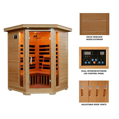 Blue Wave 3-Person Hemlock Corner Infrared Sauna w/ 7 Carbon Heaters,Brown Blue Wave