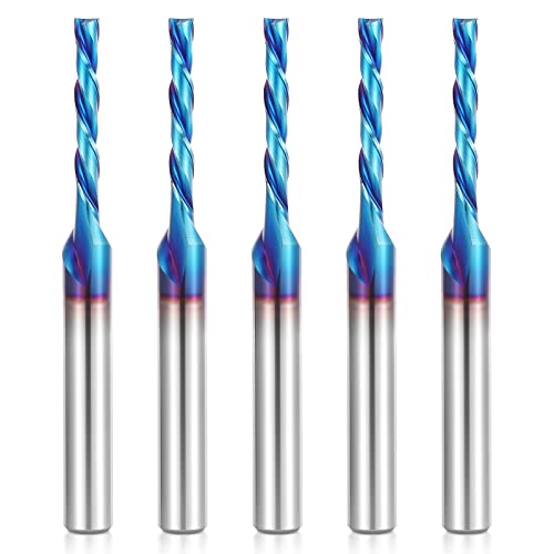 HQMaster 5 Pcs Spiral CNC Router Bits Set Down Cut 1/4” Shank Solid Carbide Spiral Downcut CNC Bits with Nano Blue Coating End Mill for Wood Cut HQMaster