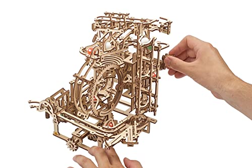 UGEARS Wooden Marble Run Kit - 3D Puzzle Wood Marble Run Stepped Hoist with 3-Stepped Lift Mechanism and 10 Marbles - Kinetic DIY Marble Run Wooden UGEARS