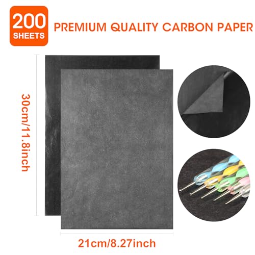 200 Sheets Carbon Paper Black Graphite Paper Transfer Tracing Paper and 5 Pieces Ball Embossing Styluses for DIY Woodworking, Paper, Canvas and Other Ueerdand