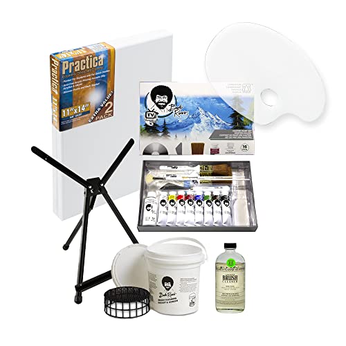 Bob Ross Master Paint Set Artist Bundle 6 Items with Travel Easel, Pre Stretched Painting Canvas, 8oz Natural Brush Cleaner, Clear Acrylic Palette, Jerry's Artarama