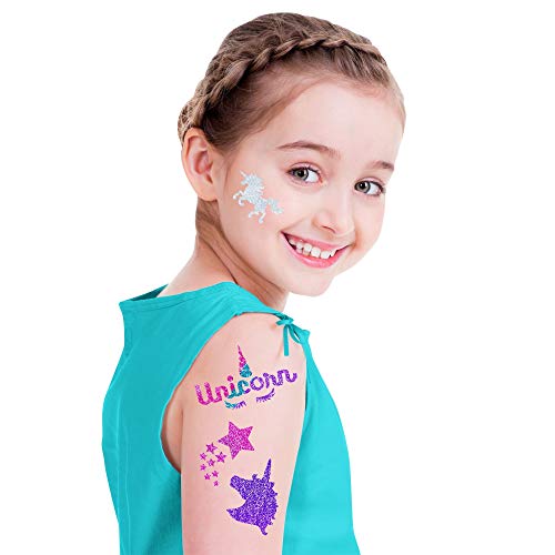 GirlZone Unicorn Glitter Tattoo Studio, Easy To Use and Skin-Safe Kids Temporary Sparkle Tattoos for Creative Playtime, Fun Party Crafts for Kids GirlZone