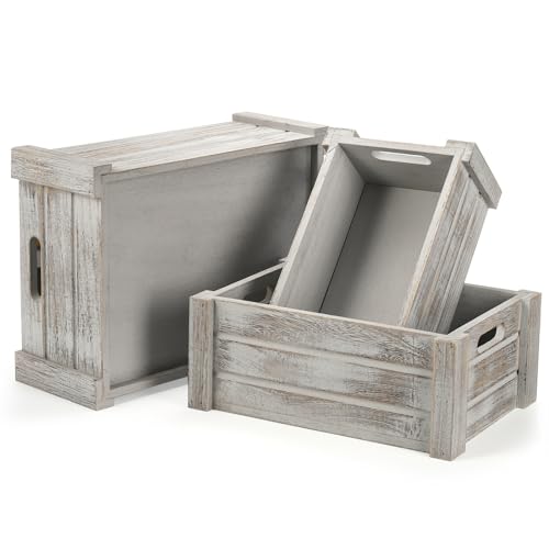 Hacaroa 3 Pack Wood Crates with Handles, Rustic Nesting Storage Container Box Decorative Wooden Basket Bins for Fruit, Vegetable, Home, Laundry, Hacaroa