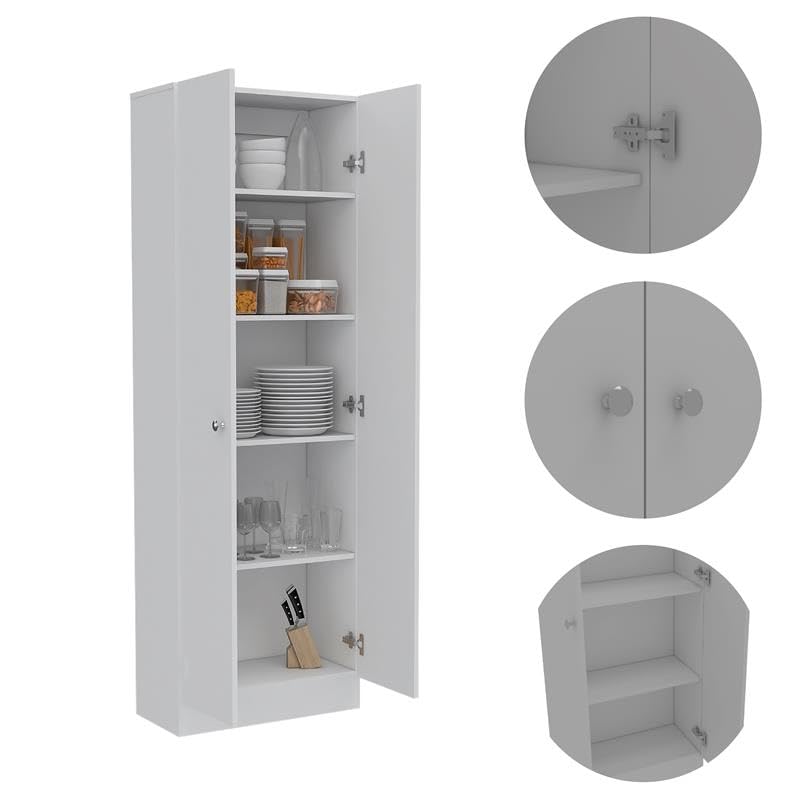 Levan Home Contemporary Kitchen Tall Utility Storage Pantry Cabinet in White & Light Oak with Metal Handles Levan Home