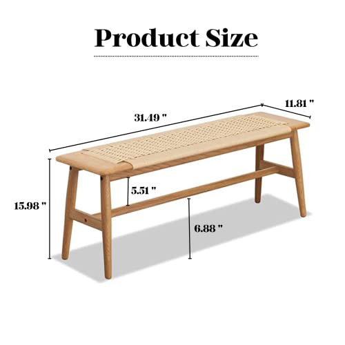 Hymus 32" L 100% FAS Oak Wooden Bench Indoor - Solid Wood Rope Woven Entryway Bench, Dining Bench, Boho Furniture for Entryway, Dining Room, Bedroom, Hymus