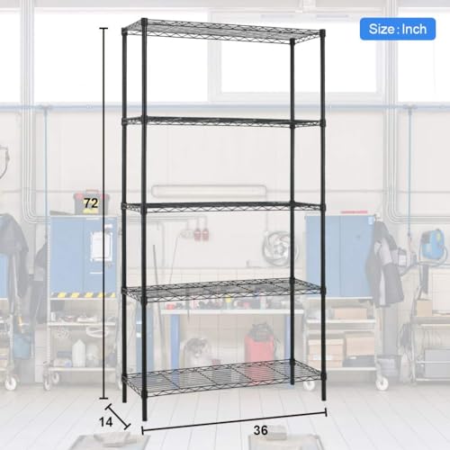 PayLessHere Wire Shelving Unit Heavy Duty Storage Rack Metal Shelf Garage Organizer Wire Rack with Casters (Black, 36" D x 14" W x 72" H) PayLessHere
