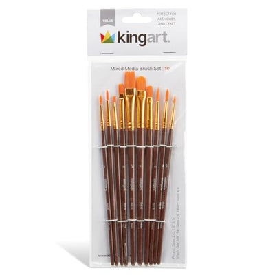 KINGART 250-10 Acrylic Art Paint Brush Set, 10 Round & Flat Brown Nylon Short Handle Brushes for Acrylic, Oil, and Watercolor, Rock Painting, Face