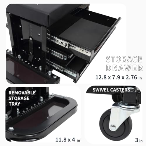 Pro-Lift Mechanic Roller Seat with Tool Box - 3-Drawer Rolling Tool Chest Stool with Padded Seat Cushion for Garage Creeper – 400 Lbs Capacity Pro-LifT