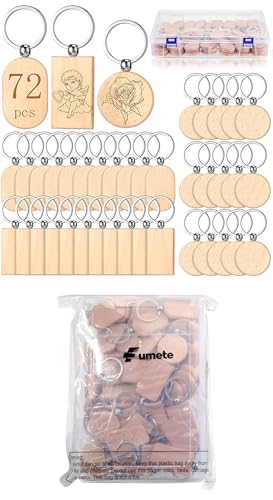 24 Pcs Wooden Keychain Blanks Wood Engraving Blanks Key Chain Unfinished Rectangle Oval Round Wood Key Tag with Plastic Storage Container for DIY Fumete