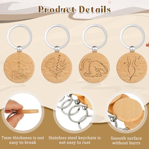 Oungy 50PCS Wooden Keychain Blanks Unfinished Round Wood Keychain Blanks Wooden Key Chain Bulk for Engraving Personalized DIY Gift Crafts Oungy