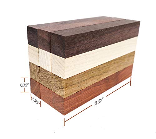 Exotic Wood Pen Blanks 12-Pack: Bloodwood, Mexican Ebony, Jatoba, Hard Maple, 3 of Each Wood Type, 5 x 3/4 x 3/4 inches Earlywood