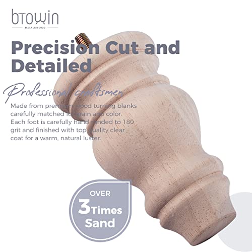 5 inch Unfinished Wooden Bun Feet, Btowin 4Pcs Solid Wood Furniture Legs with Threaded 5/16'' Hanger Bolts & Mounting Plate & Screws for Sofa Couch Btowin