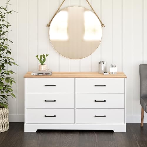 Prepac Rustic Ridge 6 Drawer Dresser, 18.25" D x 53.25" W x 28.5" H, White & Oak Prepac