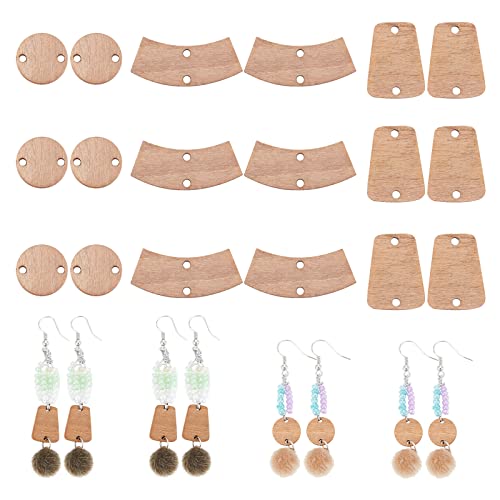 CHGCRAFT 90Pcs 3 Styles Unfinished Wood Charms Connectors Links Double Holes Round Curved Trapezoid Pendant Link for DIY Bracelet Earring Necklace CHGCRAFT