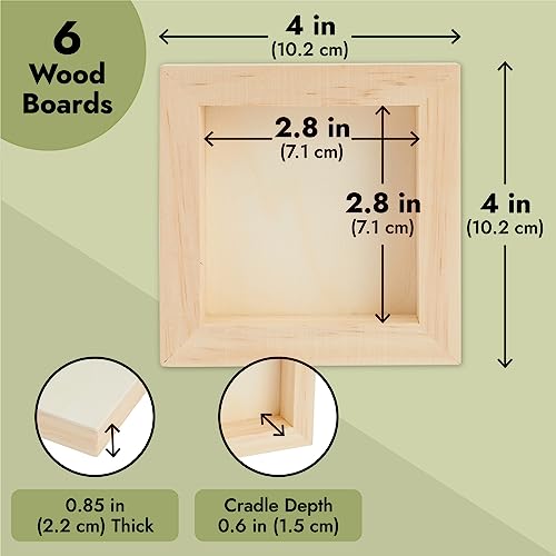 4x4 Wood Canvas Boards for Painting, Blank Deep Cradle Canvas for Art Projects (6 Pack, 0.85 in Thick) Bright Creations