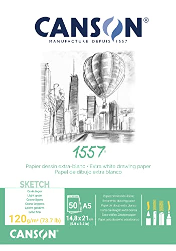 CANSON 1557 Extra White 120gsm A5 Sketch Paper, Light Grain, 50 Sheets, Ideal for Professional Artists & Illustrators Canson