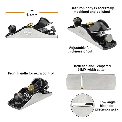 Hoteche 7-Inch Block Plane - Fully Adjustable 1-5/8-Inch Alloy Steel Blade, Fine Finished Bottom, and Sides, Precision Casting for Smooth Surfaces Hoteche
