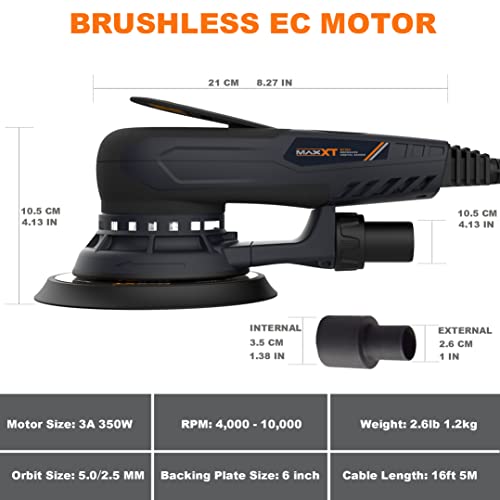 MAXXT Electric 5mm Random Orbital Sander Brushless 350W 3A Multi-function Variable Speed Electric Corded Orbital Sanders Machine with 10 Sanding MAXXT