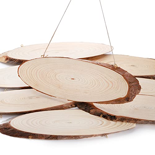 DEAYOU 8 Pack Natural Wood Slices, Unfinished Wood Crafts with Bark, Tree Slice Wooden Sign with Small Eye Ring, Wood Slab Plaque Plank for DEAYOU