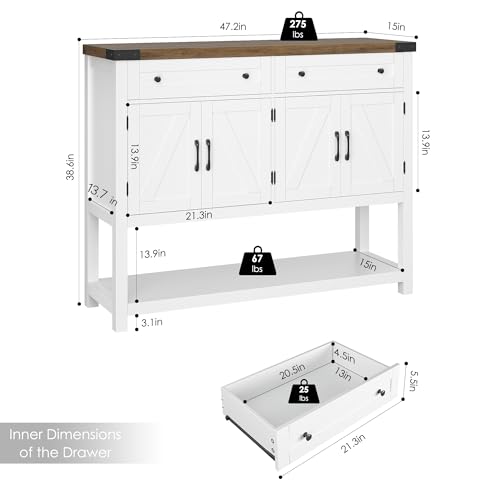 HOSTACK Buffet Sideboard Cabinet with Storage, 47.2" Modern Farmhouse Coffee Bar with 2 Drawers, Barn Doors Console Table with Shelf for Kitchen, HOSTACK