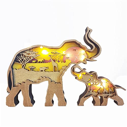 3D Forest Animal Wood Crafts with Light String, Light Up Home Furnishing Wall Carving Decorations Wolf Ornament Wooden Art Wall Decor,Elephant,with