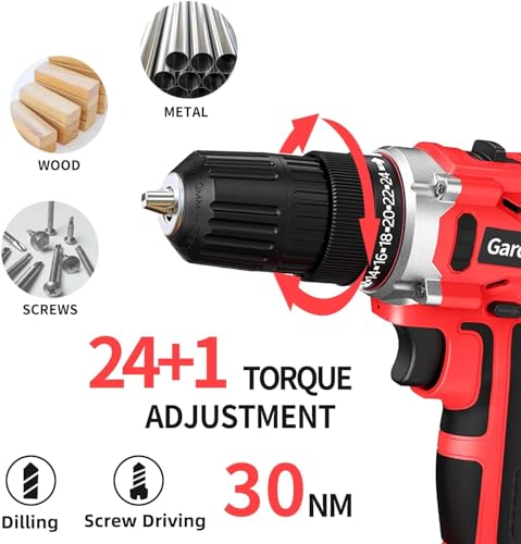 GardenJoy 21V Cordless Power Drill - Electric Drill Set with Battery and Fast Charger, 30pcs Drill/Driver Bits, 2 Variable Speed, 3/8" Keyless Chuck, GardenJoy