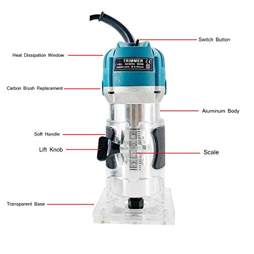 Cozyel 110V 800W Palm Router Electric Hand Trimer Wood Router 1/4" Collets Woodworking Tool Laminate Trimer, Blue Cozyel