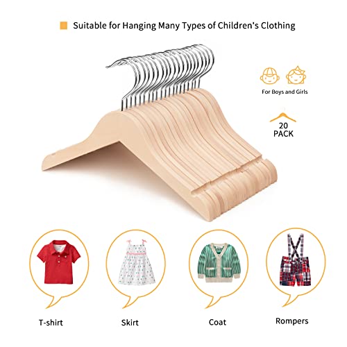 Nature Smile 20 Pack Unfinished/Natural Kids Baby Children Toddler Wooden Shirt Dress Coat Hangers with No Painting - 360°Stronger Anti-Rust Chrome Nature Smile