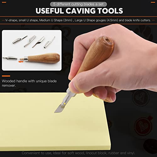 Rustark 12Pcs Rubber Stamp Making Kit with Stamp Block, Rubber Brayer Roller,Rubber and Wood Carving Cutting Tool, Block Printing Starter Tool Kit Rustark