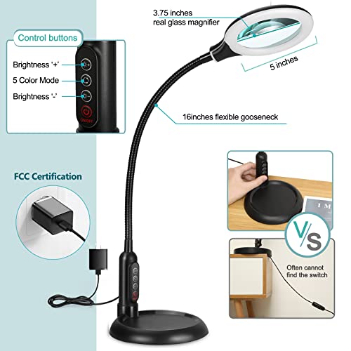TOMSOO 5X Magnifying Glass with Light and Clamp, 5 Color Modes Stepless Dimmable Lighted Magnifier with Stand, Flexible Gooseneck LED Desk Lamp Hands TOMSOO