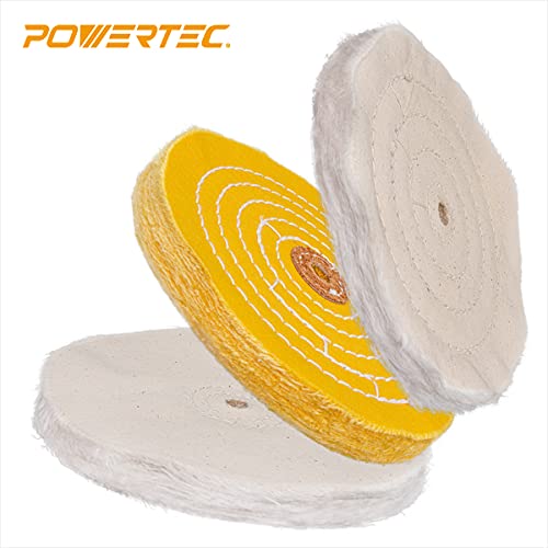 POWERTEC 71631 6 Inch Bench Grinder Buffing Wheel Kit w/ 3pcs Polishing Compound Set Including Black, White, Green Bars and Treated Yellow (40 Ply) POWERTEC