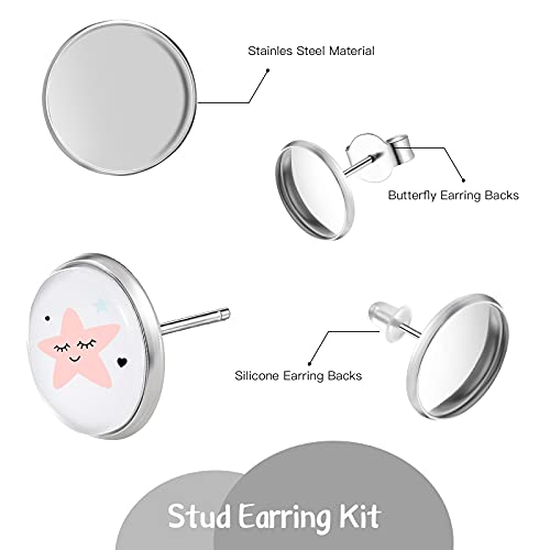 300 Pieces Sublimation Blank Stud Earring Kit, 50 Stainless Steel Bezel Blank Stud 50 Clear Glass Cabochon 50 Clear Earring Back 50 Stainless Steel Leelosp