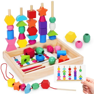TooyBing Montessori Wooden Lacing Beads Toys for 2 3 4 Year Old Toddler Kids, Sequencing & Stacking Block Toy with Storage Box, STEM Preschool