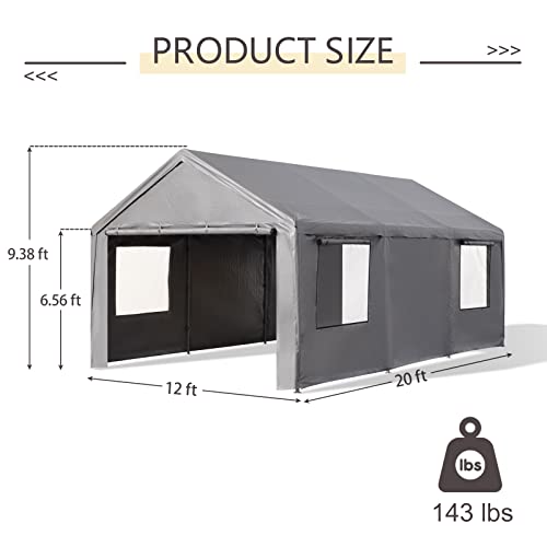 Gardesol Carport, 12'x20' Extra Large Heavy Duty Carport with Roll-up Ventilated Windows, Portable Garage with Removable Sidewalls & Doors for Car, Gardesol